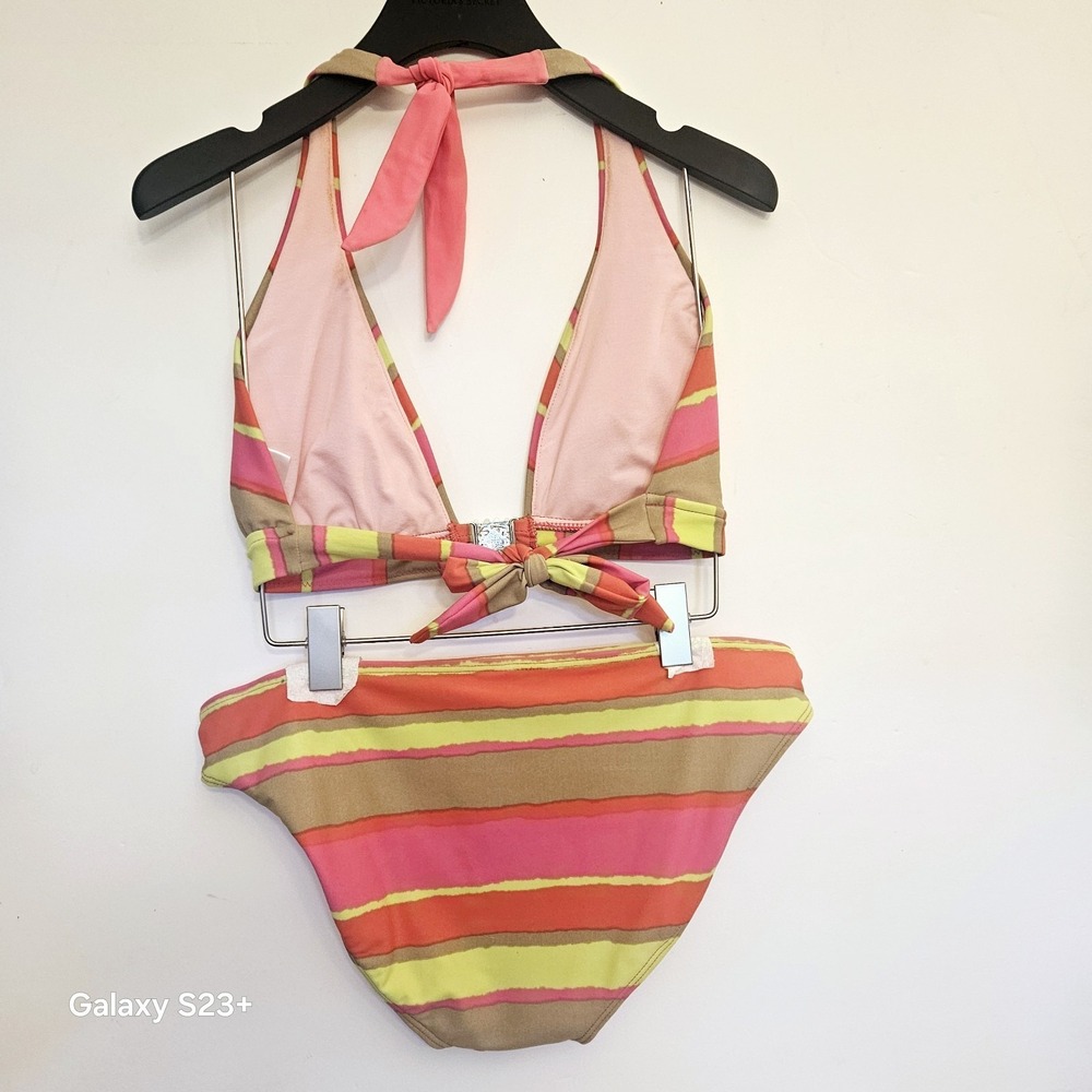 Gossip Collection 2010 Bikini Womens Sz L Neon Stripe Shell Hardware Resort Swim - Picture 7 of 16